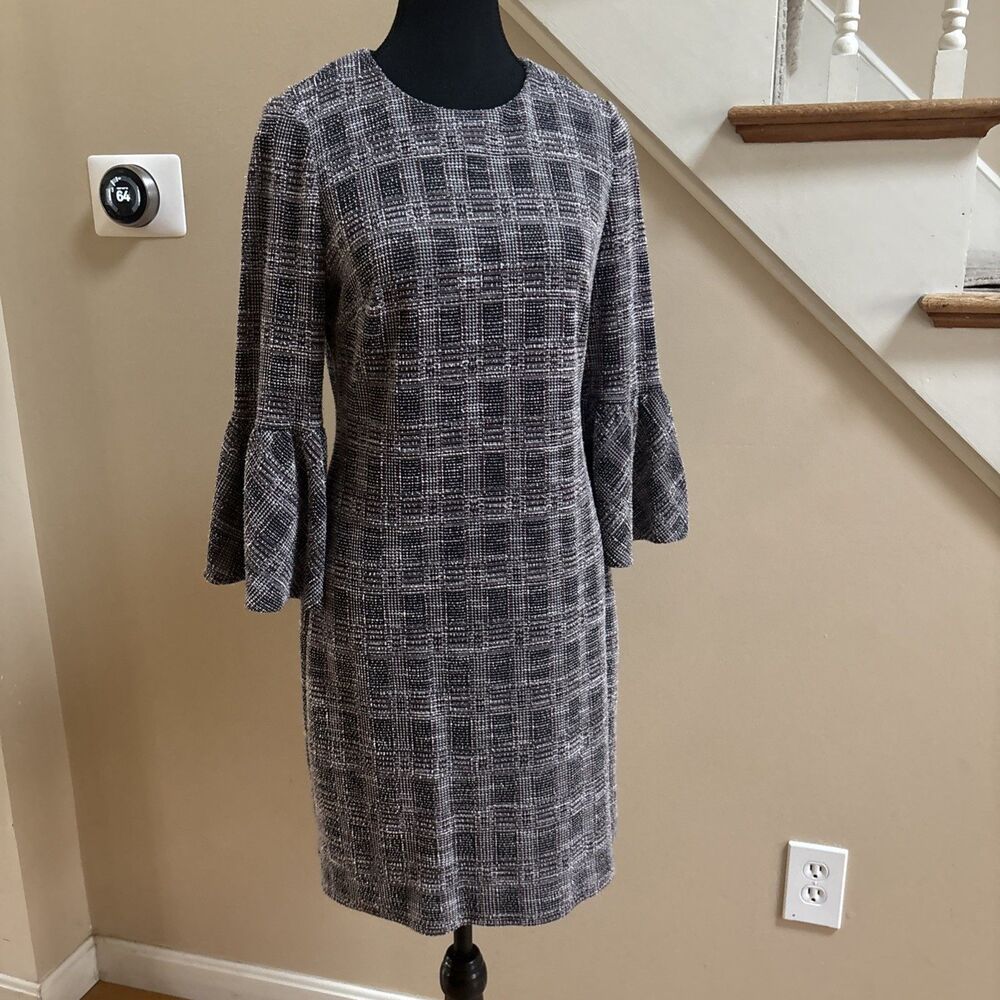 Calvin Klein Plaid Tweed Bell Sleeve Shift Dress Black White Red Size 6